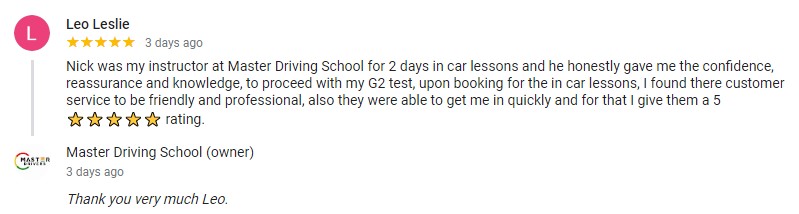 Student driver Leo Leslie - instructor Nick - Master Drivers - Master Driving School - G1 knowledge written test- G2-G2 road tests- in-car training - 5 stars google review