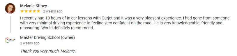 Student driver Melanie Kitney - instructor Gurtej - Brantford - Master Drivers - Master Driving School - G1 knowledge written test- G2-G2 road tests- in-car training - 5 stars google review