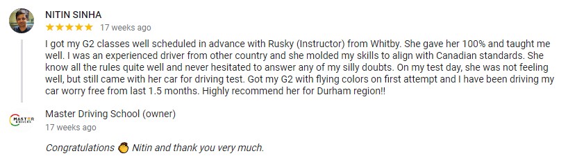Nitin Sinha - instructor Ruksy - Whitby - Master Drivers - Master Driving School - G1 knowledge written test- G2-G2 road tests- in-car training