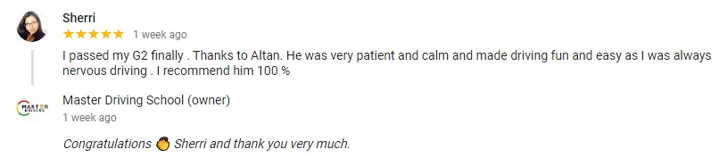 student driver Sherri - instructor Altan - Master Drivers - Master Driving School - G1 knowledge written test- G2-G2 road tests- in-car training - 5 stars google review
