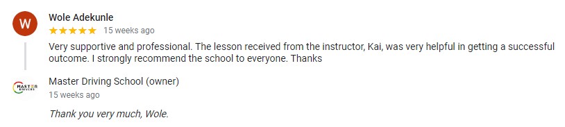 student driver Wole Adekunle - instructor Kai- St.Cathrines - Master Drivers - Master Driving School - G1 knowledge written test- G2-G2 road tests- in-car training - 5 stars google review