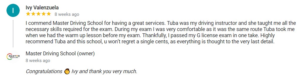 ivy valenzuela- instructor Tuba - KW- Master Drivers - Master Driving School - G1 knowledge written test- G2-G2 road tests- in-car training lessons KW